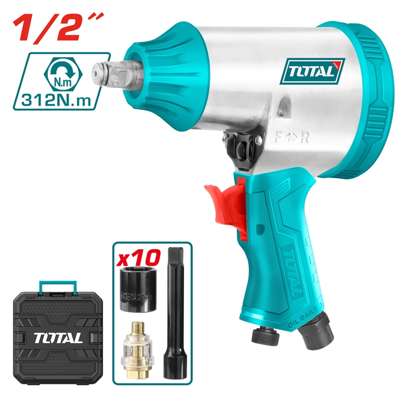 Máy bắn bulong khí nén Total, đầu vặn vuông 12.5mm - 25mm, mô men xoắn 312 - 1800Nm, Máy siết bulong hơi, cơ chế búa đôi