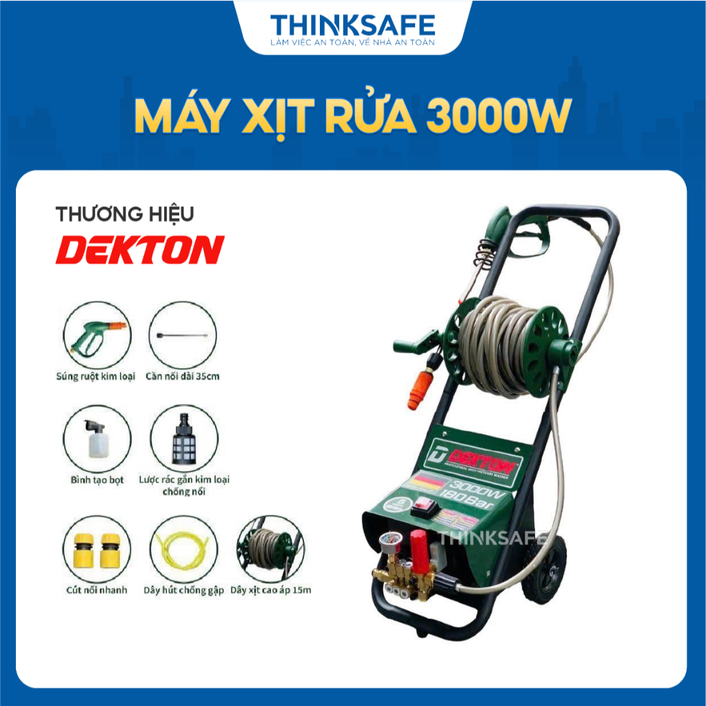 Máy rửa xe Dekton DK-CWR3000A công suất 3000W, chống giật, rulo cuộn dây 15M, lưu lượng 14L/phút - Thinksafe