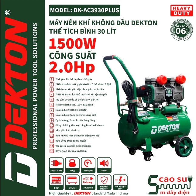 Máy Nén Khí Không Dầu Dekton DK-AC3930PLUS công suất 1500W - 2HP, bình 30L lưu lượng 200 L/P, mô tơ dây đồng - Thinksafe