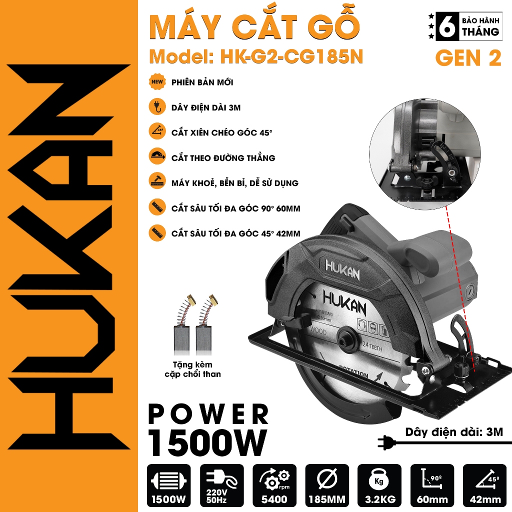 Máy cắt gỗ HUKAN HK-G2-CG185N, công suất 1500W, đường kính lưỡi cắt 185mm, Máy cưa gỗ đĩa tròn - ThinkSafe
