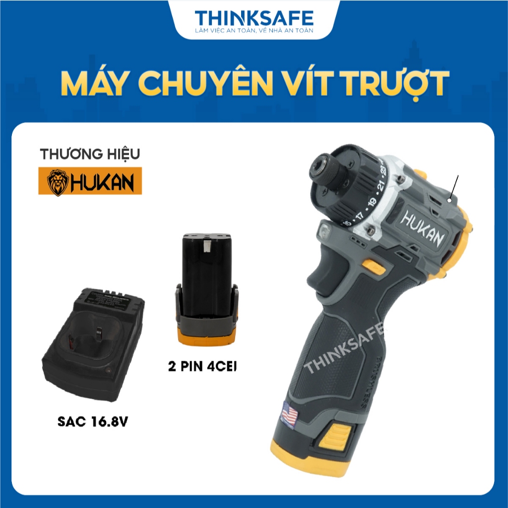 Máy bắn vít dùng pin HUKAN HK- CTV0345IMP, điện áp pin 16.8V, lực siết 45N.m, Máy chuyên vít trượt - ThinkSafe