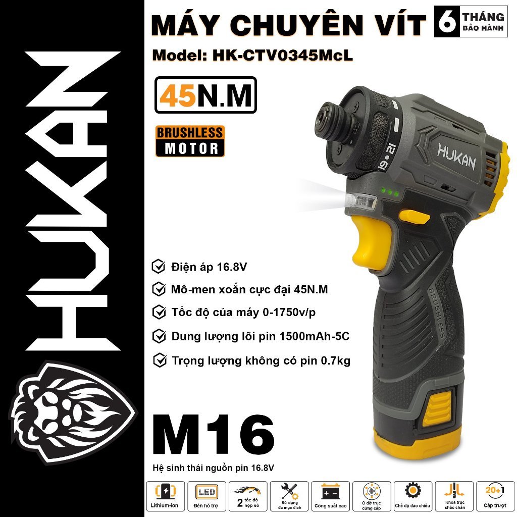 Máy bắn vít dùng pin HUKAN HK- CTV0345IMP, điện áp pin 16.8V, lực siết 45N.m, Máy chuyên vít trượt - ThinkSafe