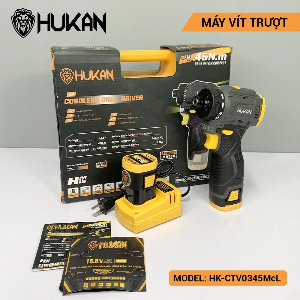 Máy bắn vít dùng pin HUKAN HK- CTV0345IMP, điện áp pin 16.8V, lực siết 45N.m, Máy chuyên vít trượt - ThinkSafe