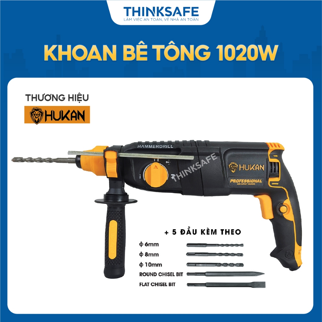 Máy khoan bê tông HUKAN K90, công suất 1020W, Máy khoan cầm tay 3 chức năng khoan thường, khoan búa và đục bê tông