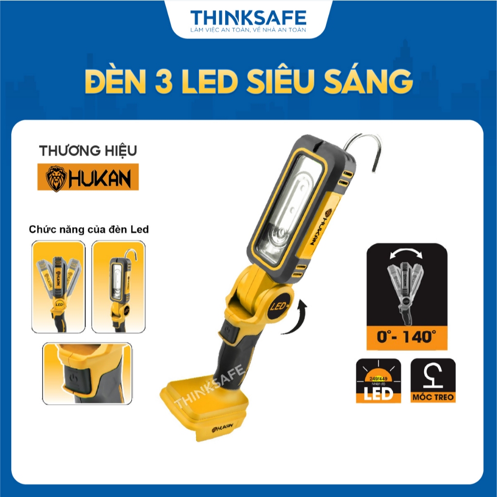 Đèn 3 Led Hukan HM21-HLO3020W siêu sáng 20W, có móc treo sử dụng chiếu sáng sửa chữa oto xe máy, Không kèm Pin sạc