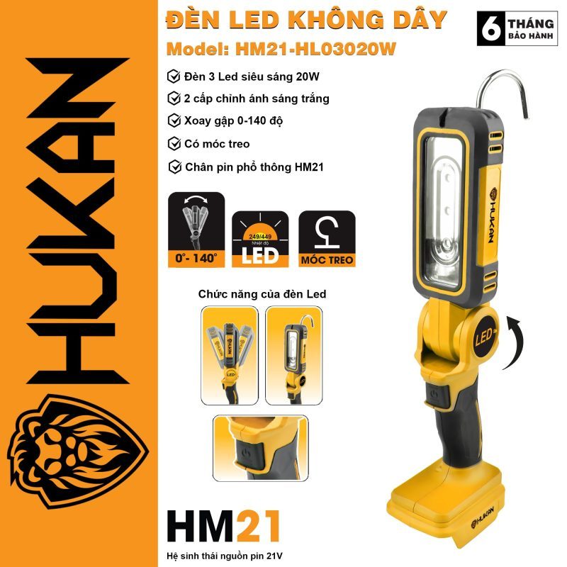 Đèn 3 Led Hukan HM21-HLO3020W siêu sáng 20W, có móc treo sử dụng chiếu sáng sửa chữa oto xe máy, Không kèm Pin sạc