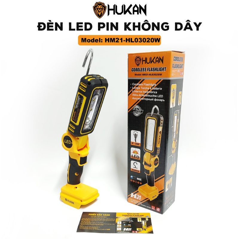 Đèn 3 Led Hukan HM21-HLO3020W siêu sáng 20W, có móc treo sử dụng chiếu sáng sửa chữa oto xe máy, Không kèm Pin sạc