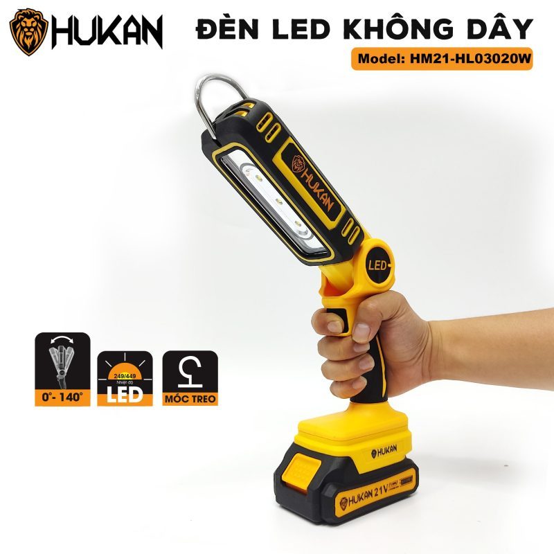 Đèn 3 Led Hukan HM21-HLO3020W siêu sáng 20W, có móc treo sử dụng chiếu sáng sửa chữa oto xe máy, Không kèm Pin sạc