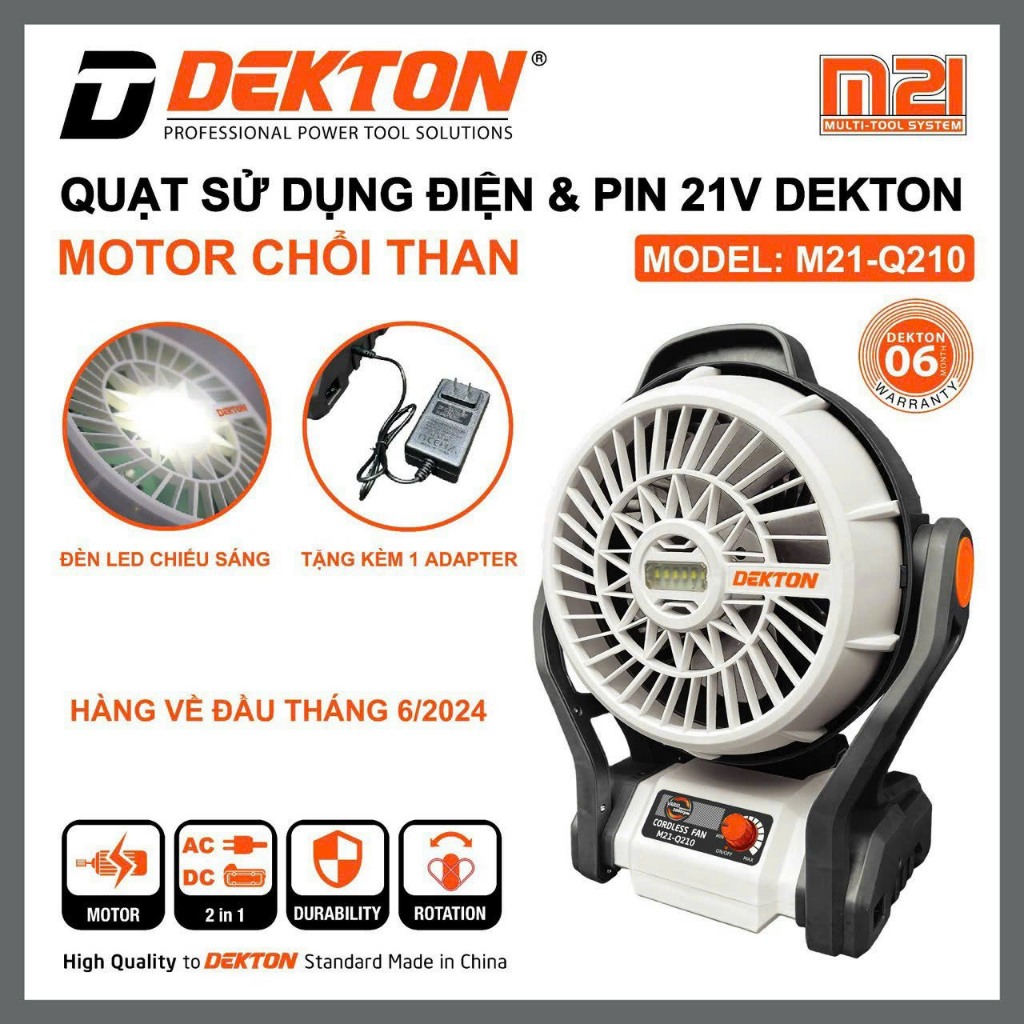 Máy quạt dùng pin Dekton M21-Q210, Dùng được pin và điện, Motor chổi than, Thiết kế nhỏ gọn, nhẹ, Tặng kèm 1 adapter