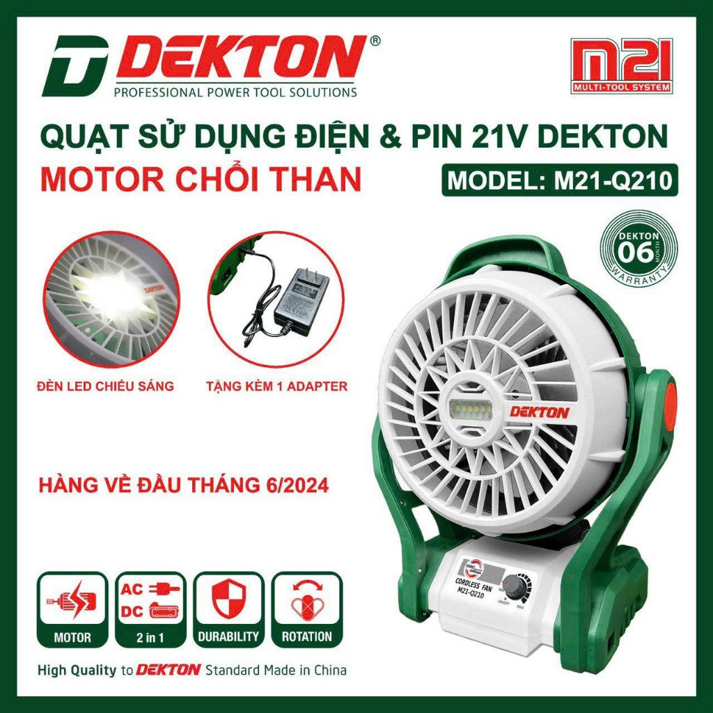 Máy quạt dùng pin Dekton M21-Q210, Dùng được pin và điện, Motor chổi than, Thiết kế nhỏ gọn, nhẹ, Tặng kèm 1 adapter