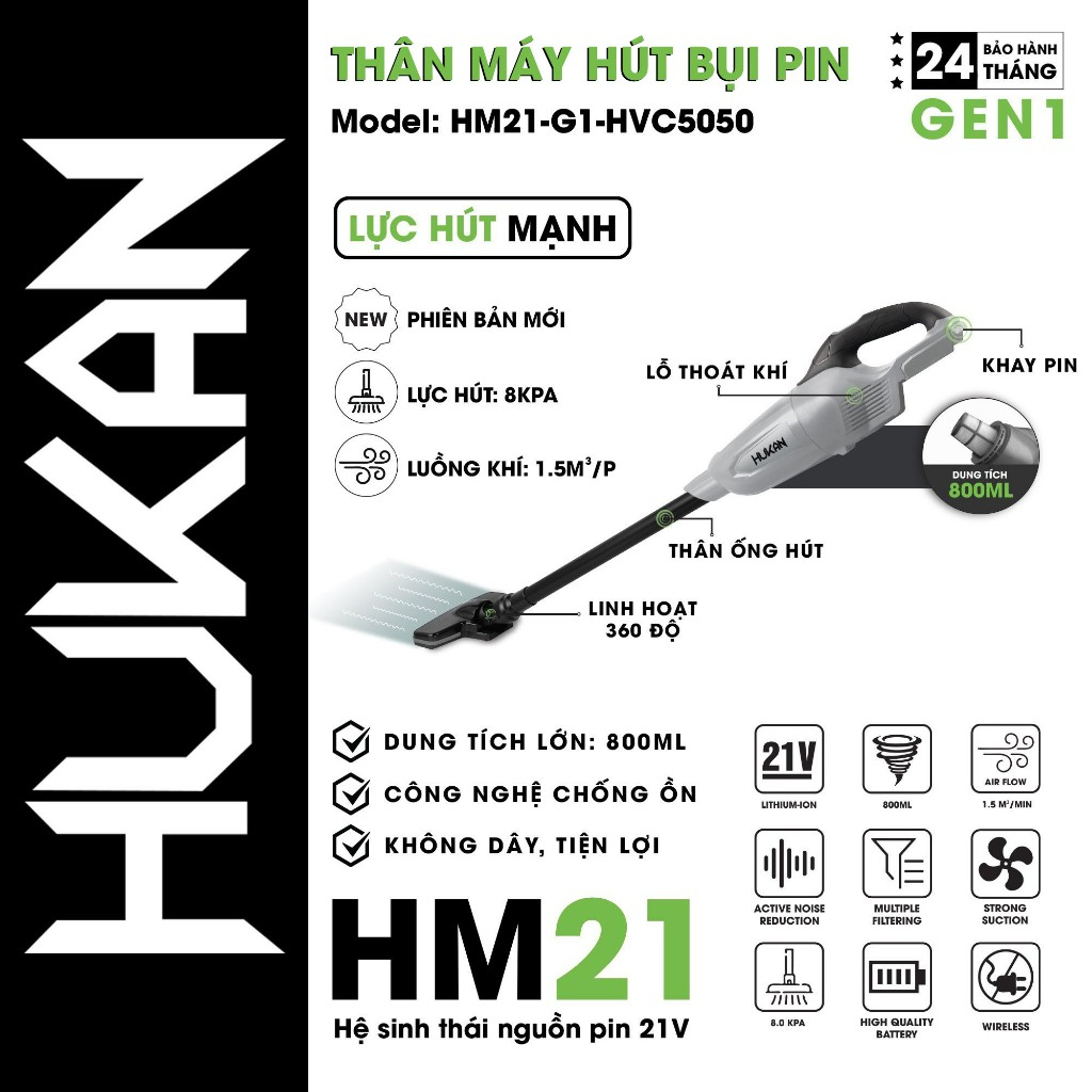 Máy hút bụi pin cầm tay HUKAN dung tích 0.8 - 1L, lực hút lớn, chân pin phổ thông, chưa kèm pin sạc - Thinksafe