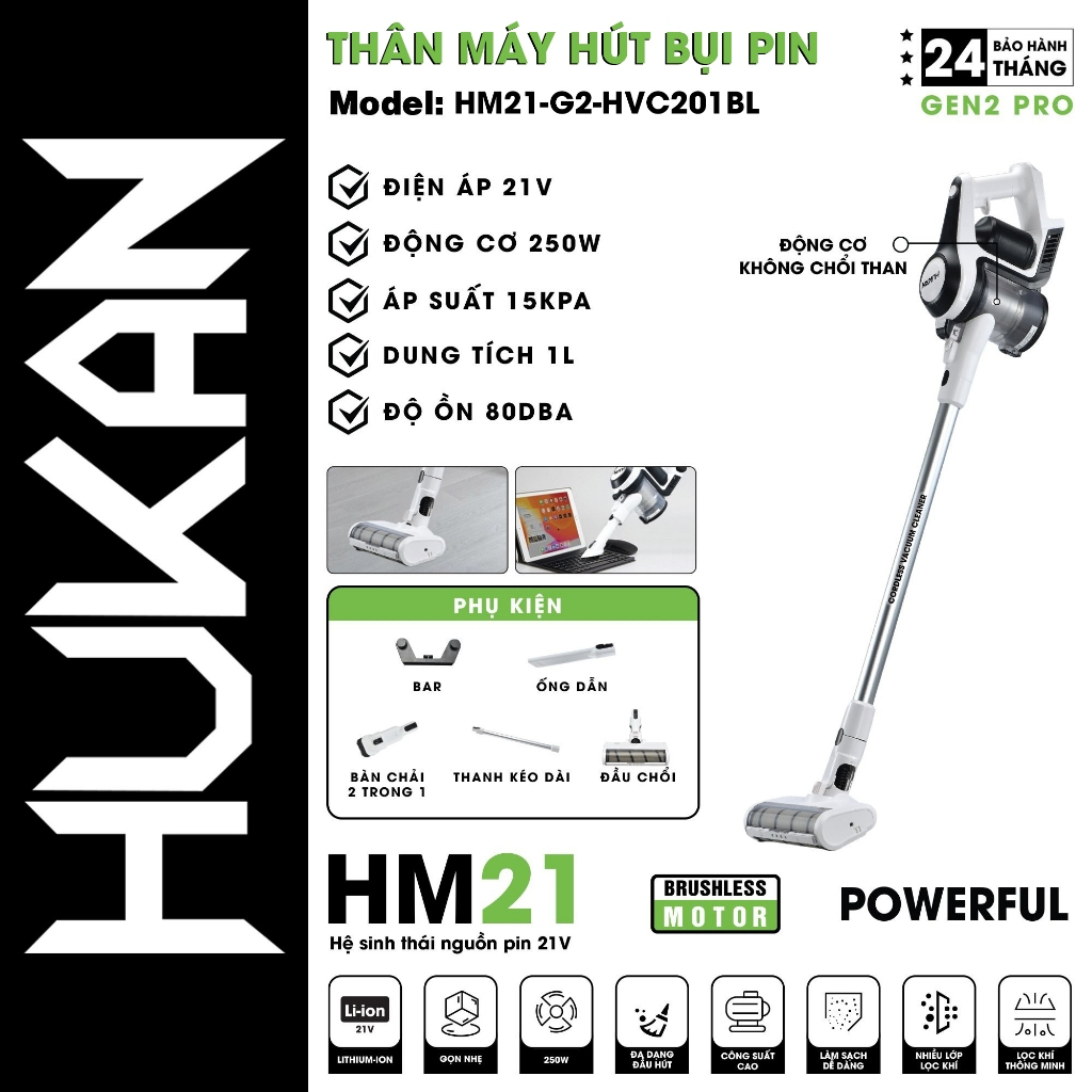 Máy hút bụi pin cầm tay HUKAN dung tích 0.8 - 1L, lực hút lớn, chân pin phổ thông, chưa kèm pin sạc - Thinksafe