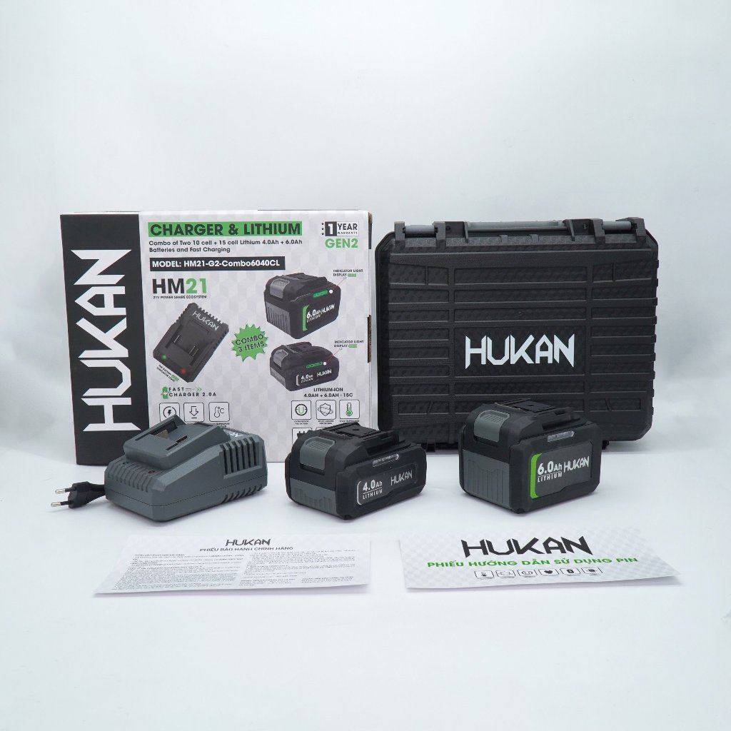 Combo 2 Pin HUKAN gồm pin 4ah và 6ah, sạc 2a gen 2, điện áp 21V, dòng xả 15C, pin 10 cell chính hãng - Thinksafe
