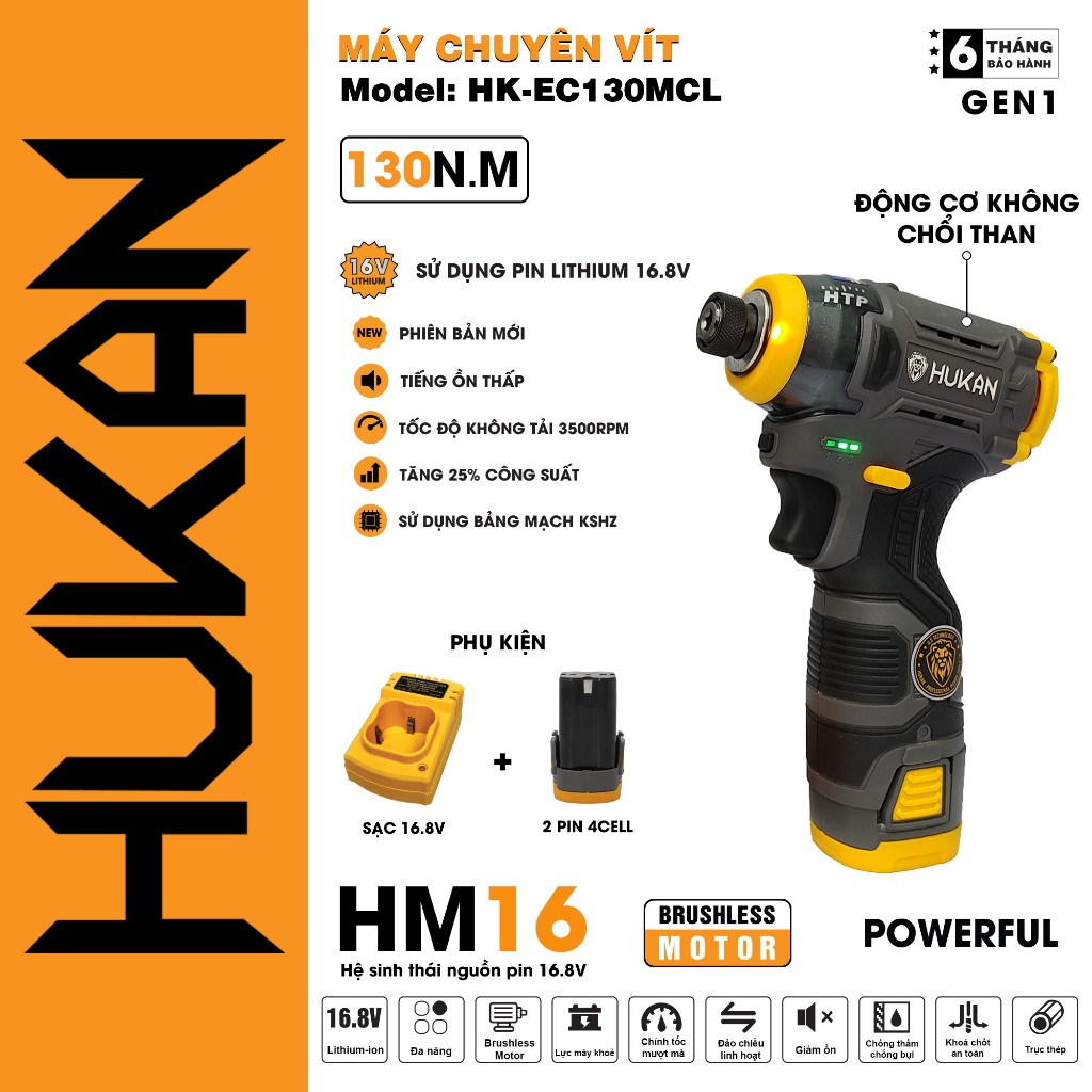 Máy chuyên vít pin HUKAN HK-EC130MCL có búa, không chổi than, lực siết 130Nm, Máy bắn vít 3 cấp chỉnh tốc - Thinksafe