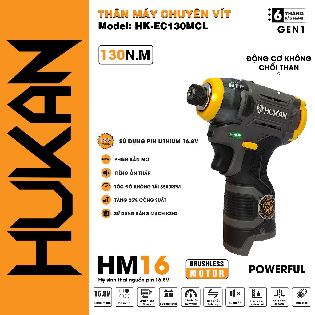 Máy chuyên vít pin HUKAN HK-EC130MCL có búa, không chổi than, lực siết 130Nm, Máy bắn vít 3 cấp chỉnh tốc - Thinksafe