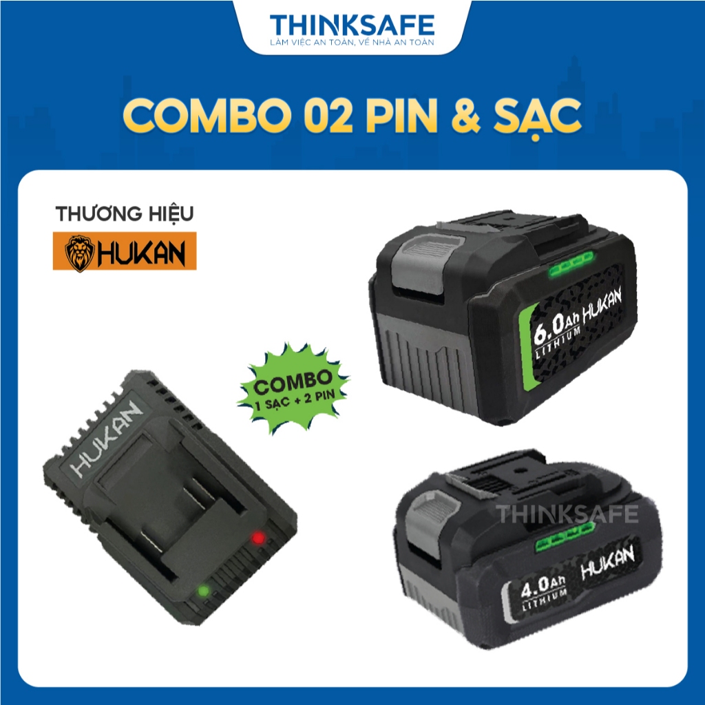 Combo 2 Pin HUKAN gồm pin 4ah và 6ah, sạc 2a gen 2, điện áp 21V, dòng xả 15C, pin 10 cell chính hãng - Thinksafe