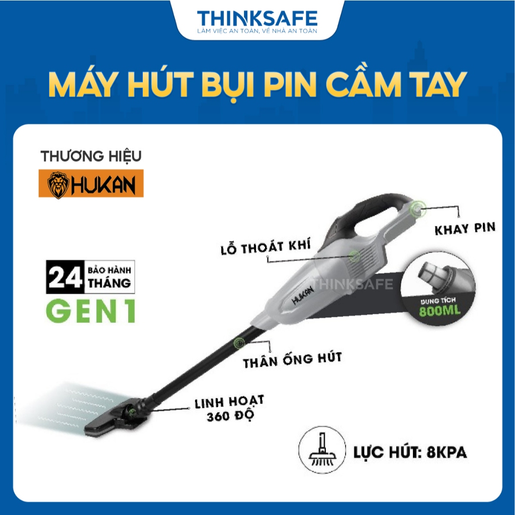 Máy hút bụi pin cầm tay HUKAN dung tích 0.8 - 1L, lực hút lớn, chân pin phổ thông, chưa kèm pin sạc - Thinksafe