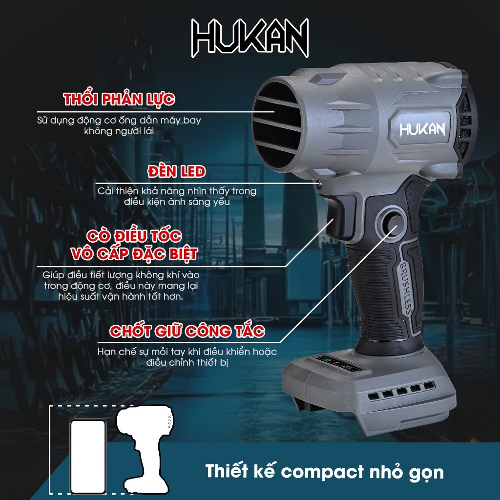 Máy thổi phản lực pin 21V HUKAN G2TPL-F3, động cơ không chổi than, tốc độ gió 55mm/s, chưa kèm pin sạc - Thinskafe