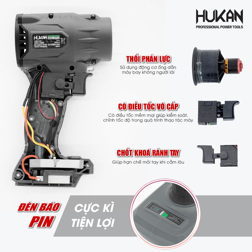 Máy thổi phản lực pin 21V HUKAN G2TPL-F3, động cơ không chổi than, tốc độ gió 55mm/s, chưa kèm pin sạc - Thinskafe