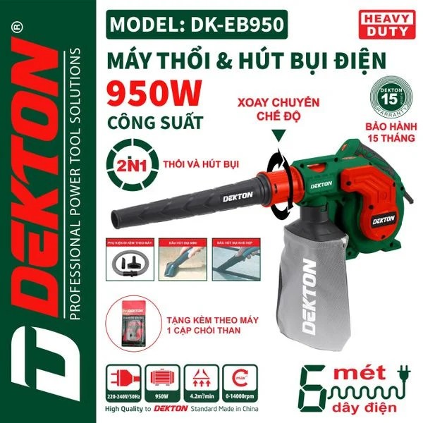 Máy thổi hút bụi cầm tay DEKTON DK-EB950 Công suất 950W, 6 cấp độ, 2 chức năng hút và thổi - Thinksafe