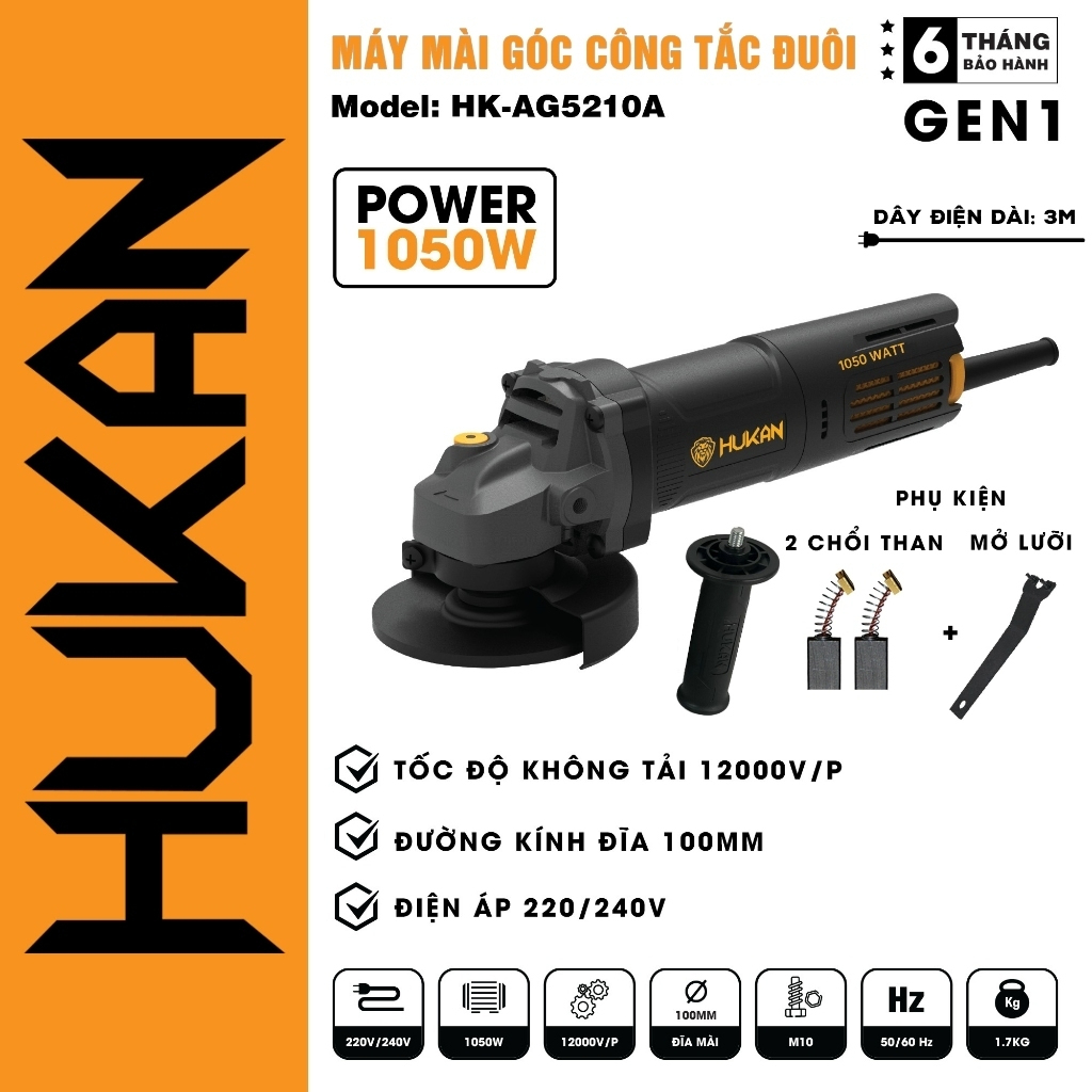 Máy mài góc HUKAN HK-AGX1080S công suất 800W, Đĩa mài 100mm, Công tắc đuôi, Máy mài góc cầm tay - ThinkSafe