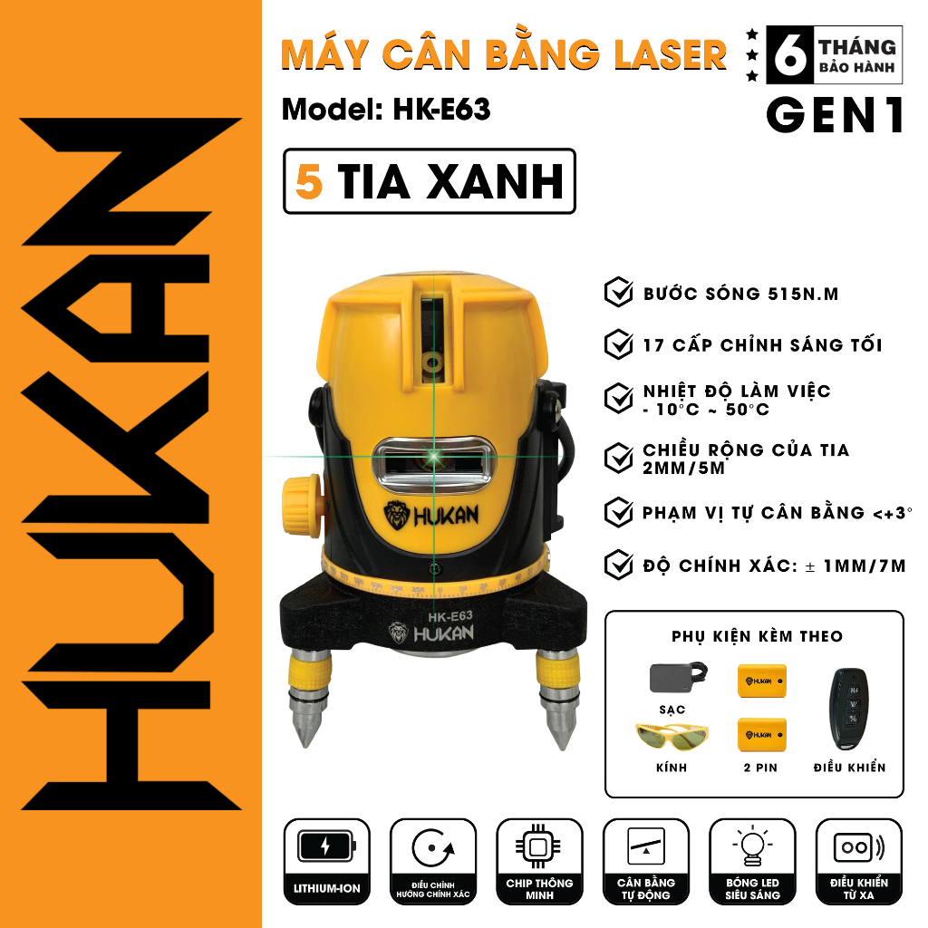 Máy cân bằng laser 5 tia xanh HUKAN T99 và HK-E63, phạm vi hoạt động 50 - 70mm, Máy cân mực không kèm chân - Thinksafe