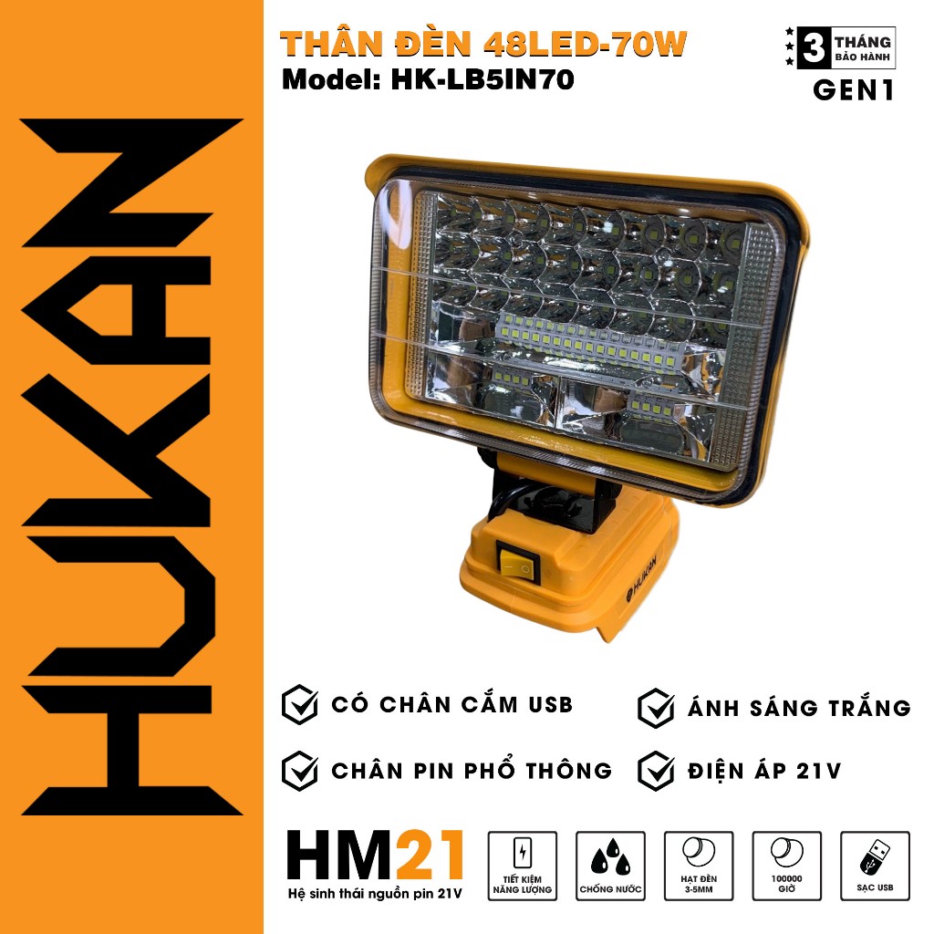 Thân Đèn Led dùng pin HUKAN HK-LB3IN15, HK-LB8IN90, Công suất 15 - 90W, Gồm 12 - 84 bóng đèn pha siêu sáng - ThinkSafe