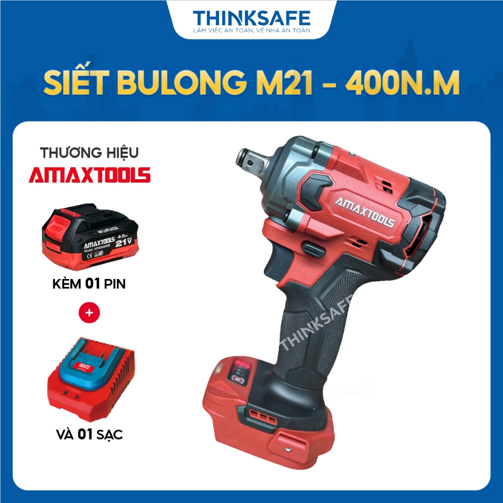 Máy siết bulong pin 21V Amaxtools ABL40012SM, lực siết 400Nm, Máy bắn bulong không chổi than, đầu 1/2 inch - Thinksafe