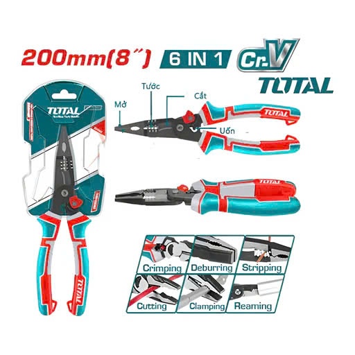 Kìm điện đa chức năng 8 in 1 TOTAL THTMF186 200mm trợ lục 65% giúp uốn, giữ đinh, cờ lê, cắt uốn, tuốt dây điện, tán vít