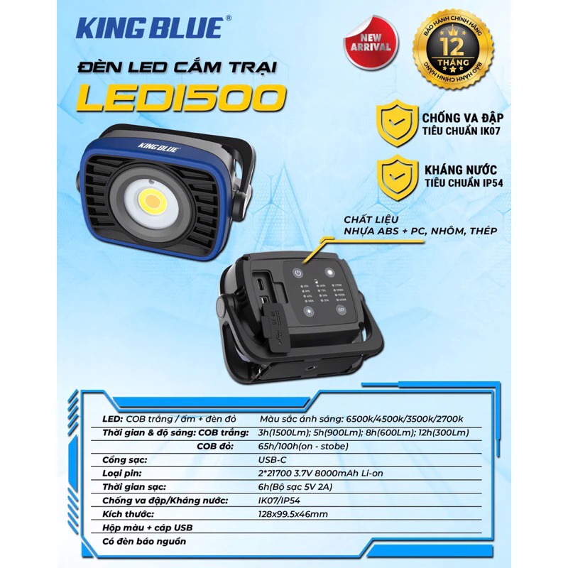 Đèn led cắm trại KingBlue LED1500/LED2000 Đèn chiếu sáng 5 chế độ, chân đế đa năng Đèn pin siêu sáng, pin có thể sạc lại