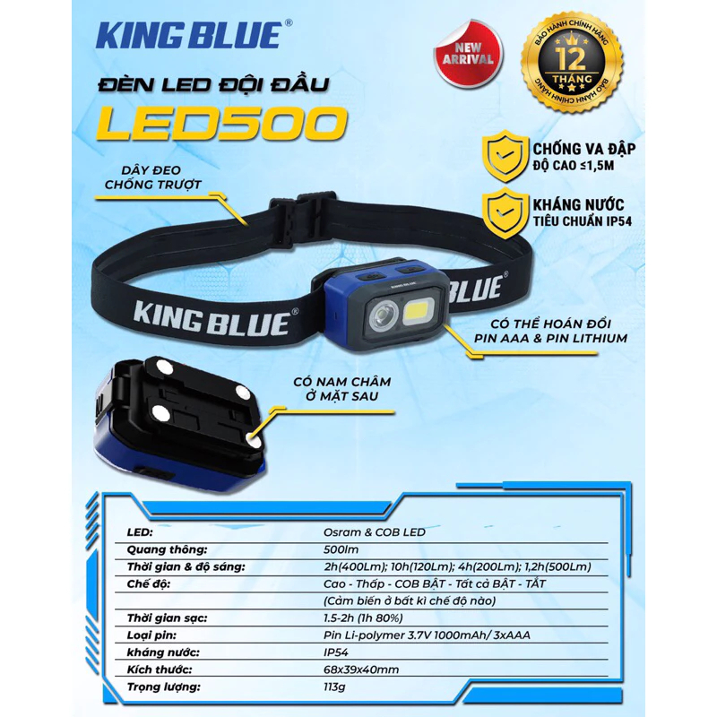 Đèn led đội đầu Kingblue LED500/ LED800 Có chế độ cảm biến, nhiều chế độ sáng Đèn pin đội đầu siêu sáng, bảo hành 1 năm