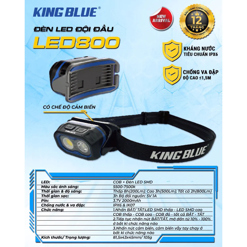 Đèn led đội đầu Kingblue LED500/ LED800 Có chế độ cảm biến, nhiều chế độ sáng Đèn pin đội đầu siêu sáng, bảo hành 1 năm
