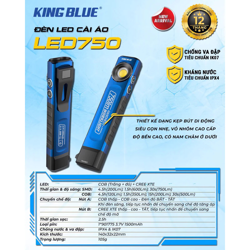 Đèn led cài áo Kingblue LED750 nhiều chế độ sáng, 2 nút chuyển chế độ, độ sáng 750lumen, đèn pin siêu sáng cài áo