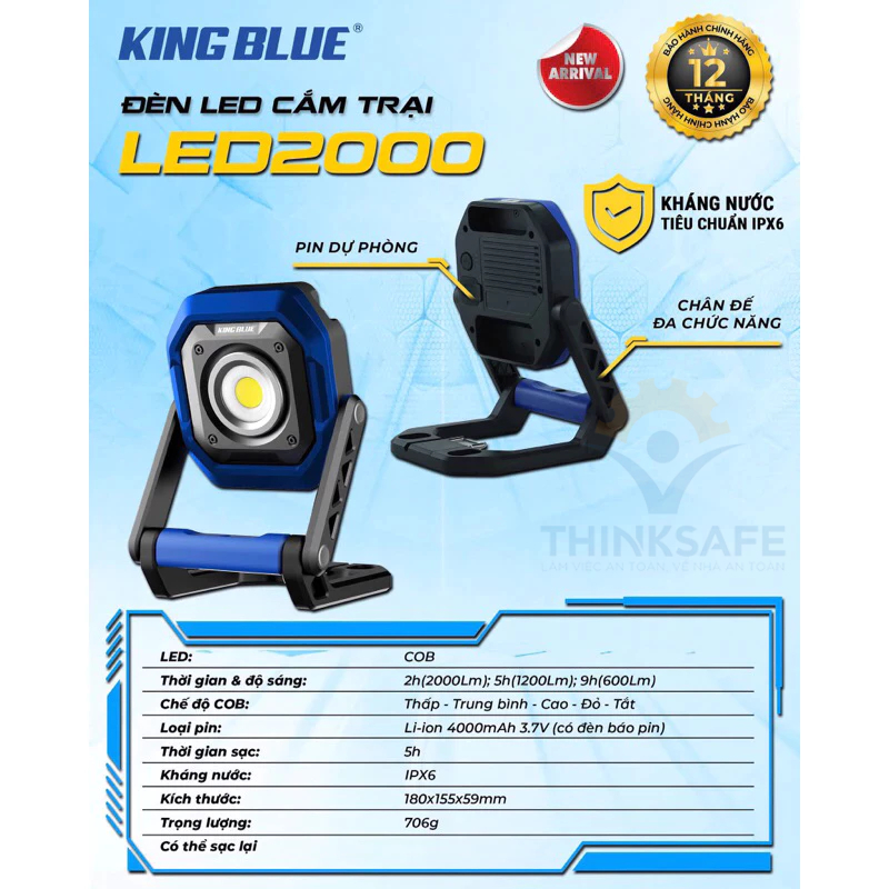 Đèn led cắm trại KingBlue LED1500/LED2000 Đèn chiếu sáng 5 chế độ, chân đế đa năng Đèn pin siêu sáng, pin có thể sạc lại