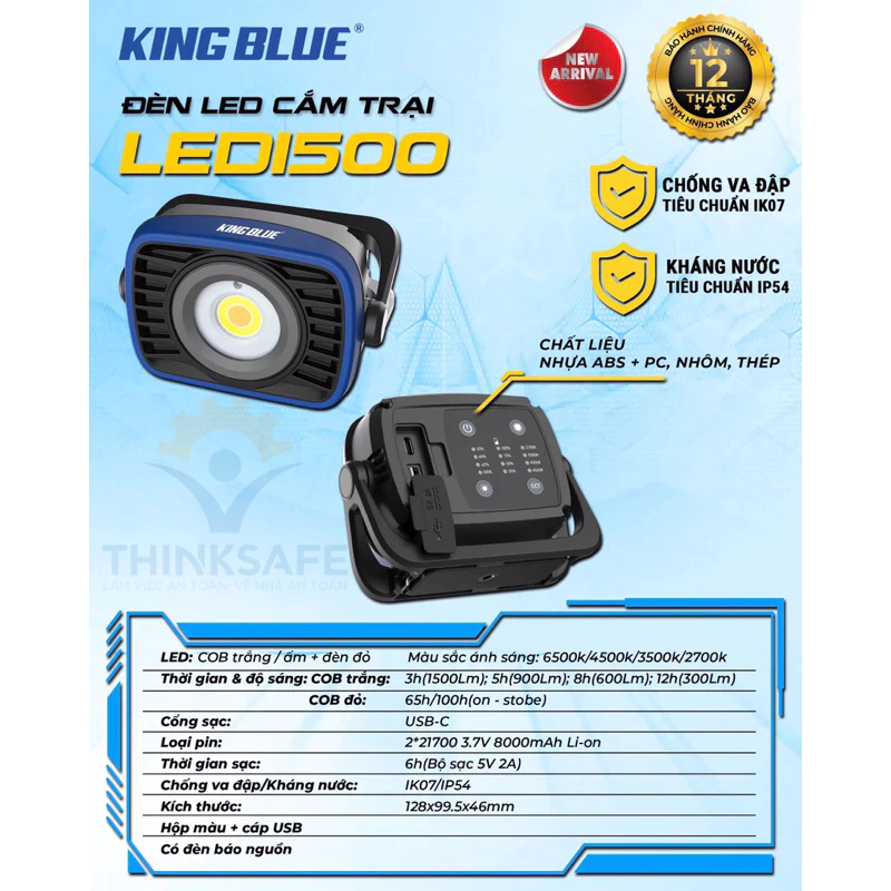 Đèn led cắm trại KingBlue LED1500/LED2000 Đèn chiếu sáng 5 chế độ, chân đế đa năng Đèn pin siêu sáng, pin có thể sạc lại