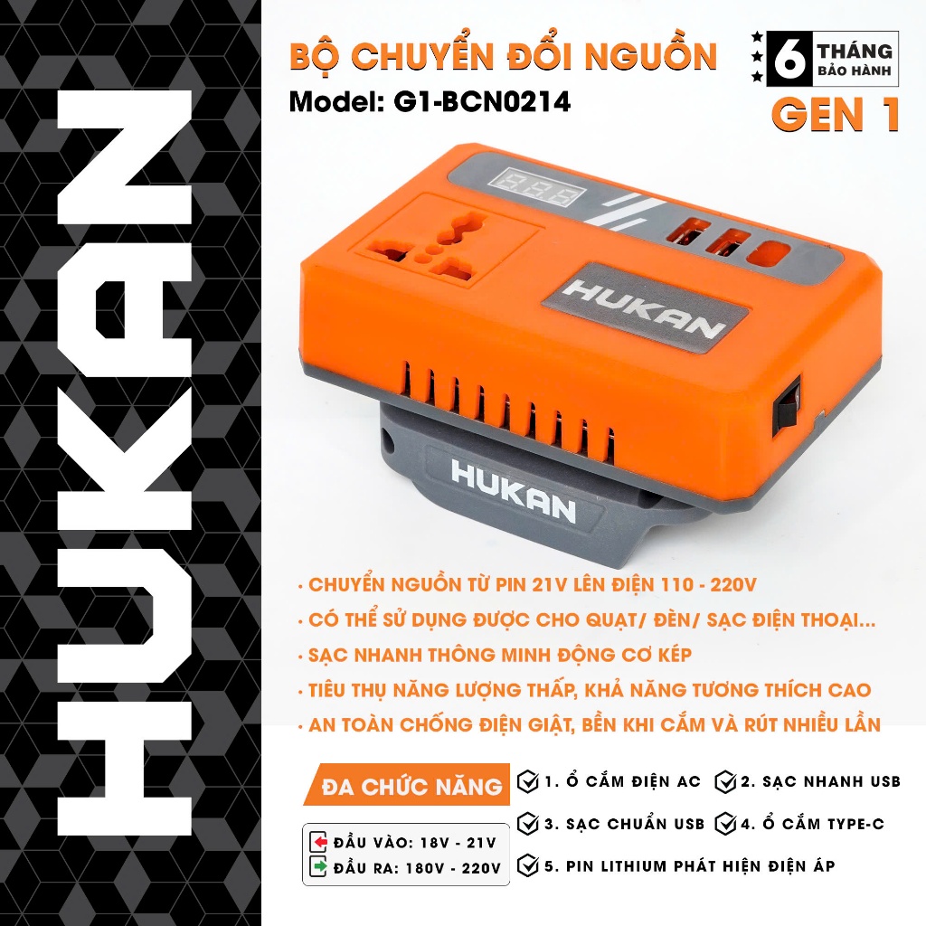 Đế chuyển nguồn điện pin 18-28V sang điện 220V HUKAN HM21-G1-SI0200, Chân pin phổ thông 4cm