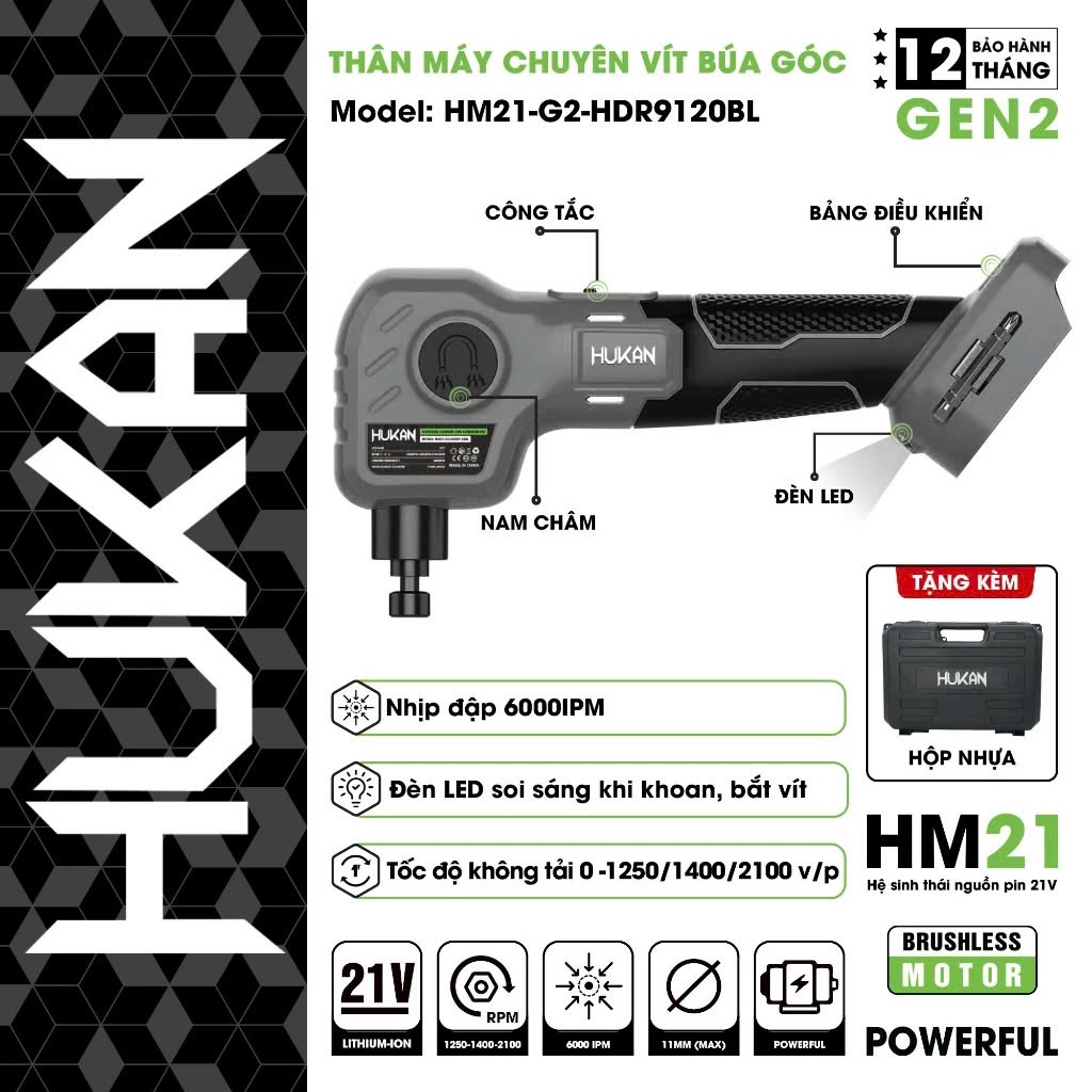 Thân Máy Chuyên Vít Búa Góc Pin HUKAN HM21-G2-HDR9120BL