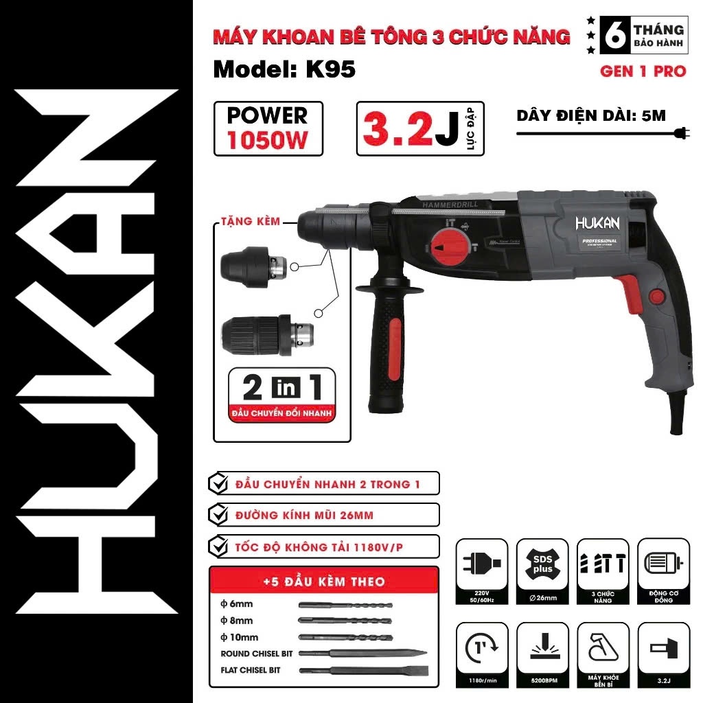 Máy khoan bê tông HUKAN K90, công suất 1020W, Máy khoan cầm tay 3 chức năng khoan thường, khoan búa và đục bê tông