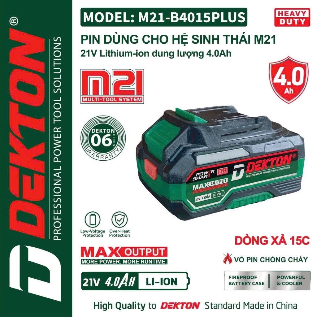 Pin Dekton M21-B2000PLUS dung lượng 2Ah và M21-B4015PLUS dung lượng 4Ah, vỏ chống cháy, chân pin phổ thông Không kèm sạc