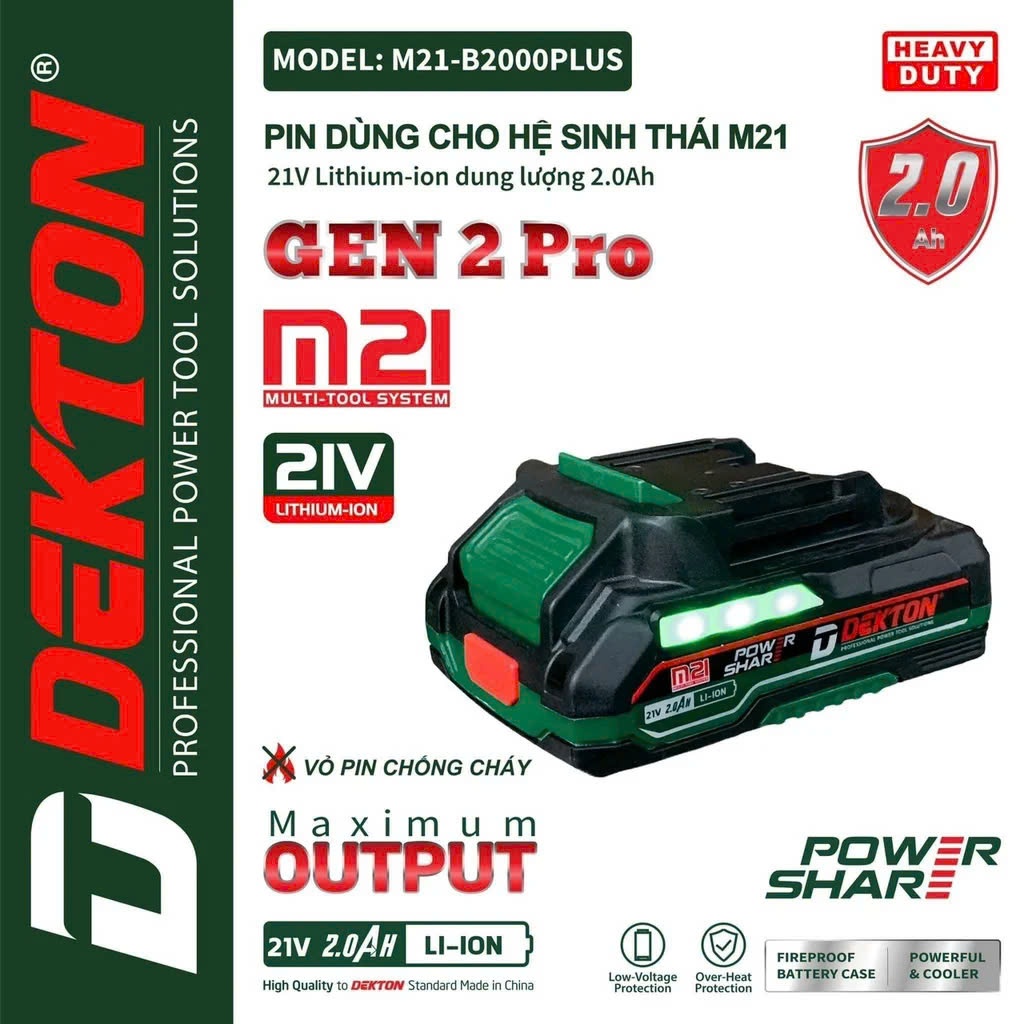 Pin Dekton M21-B2000PLUS dung lượng 2Ah và M21-B4015PLUS dung lượng 4Ah, vỏ chống cháy, chân pin phổ thông Không kèm sạc
