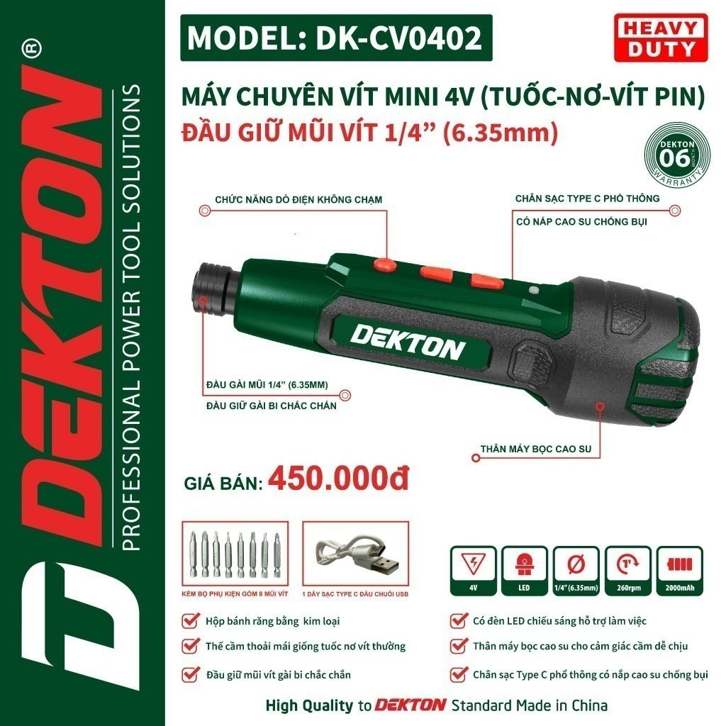 Máy siết vít 4V Dekton DK-CV0402 dò điện âm tường, đèn led, cổng sạc type C, kèm mũi vít Tuốc nơ vít pin