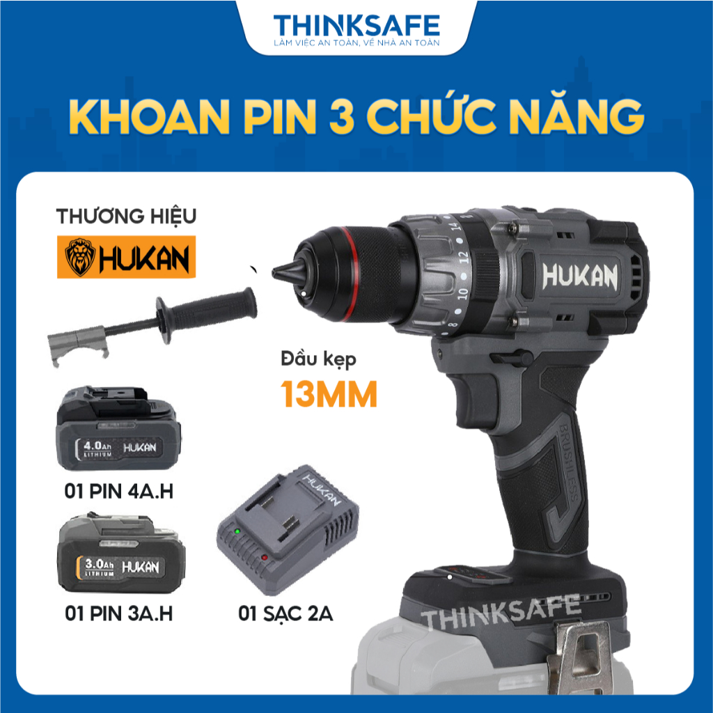 Máy khoan pin 3 chức năng HUKAN HM21-G2-Z1700, Lực siết 100Nm, Rút lõi, Có ANTI-KICKBACK, Tạo Xung, Đầu kẹp 13mm