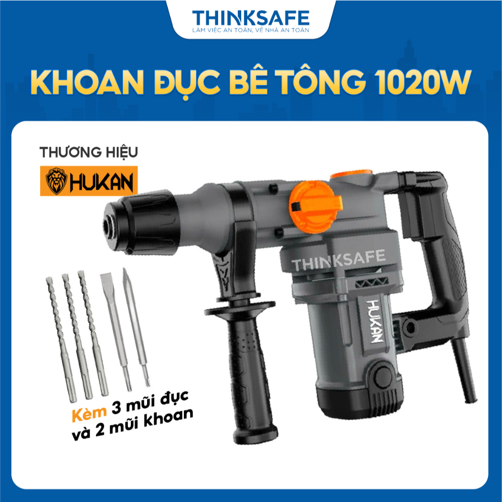 Máy khoan đục bê tông HUKAN G2-RH2066x (Gen 2), Công suất 1020W, Lực đập 3.5J, Tặng 5 Mũi khoan đục - Thinksafe