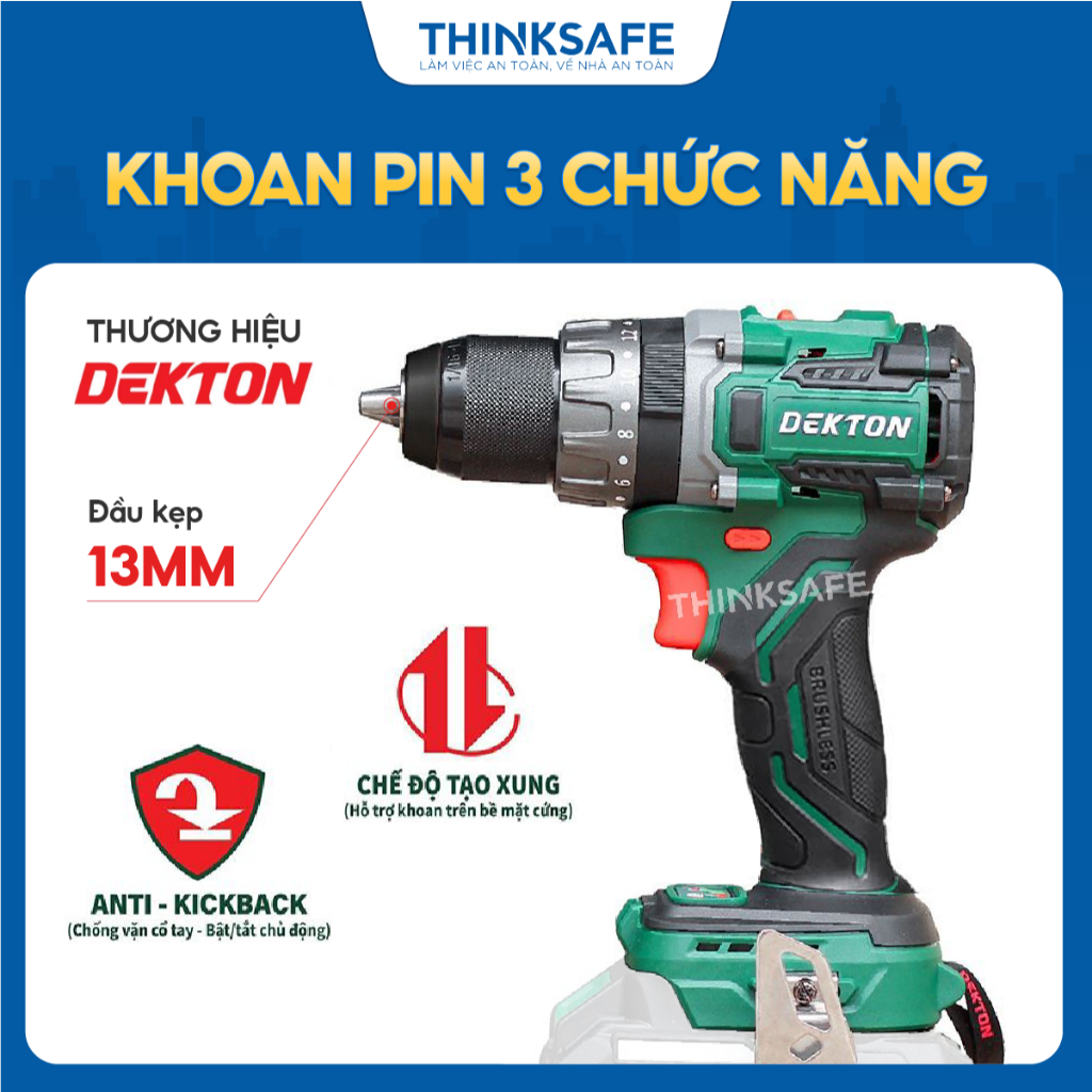 Máy khoan 3 chức năng 85Nm Dekton M21-KB1385PRO tính năng Anti KickBack, ECO TURBO, chân pin phổ thông, nhông 2 tốc độ