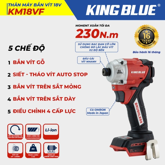 Máy bắn vít Kingblue pin 18V KM18VF lực siết 230Nm Chưa gồm pin sạc
