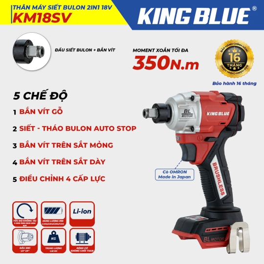Máy bắn bulong 2 trong 1 18V KingBlue KM18SV 350Nm Chưa kèm pin sạc