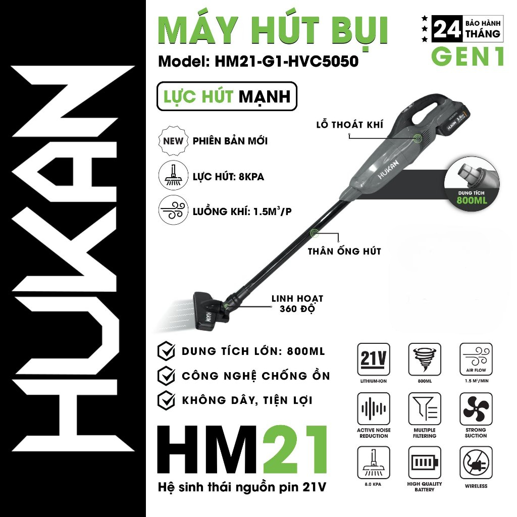 Máy hút bụi pin cầm tay HUKAN dung tích 0.8 - 1L, lực hút lớn, chân pin phổ thông, chưa kèm pin sạc - Thinksafe
