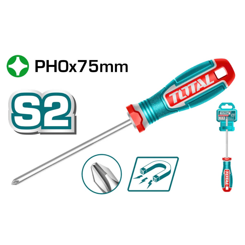 Tua vít bake Total PH0-PH2-PH3, đường kính 3-8 mm, dài 75mm-150mm, có móc treo nhựa Tô vít chất liệu thép S2 - Thinksafe