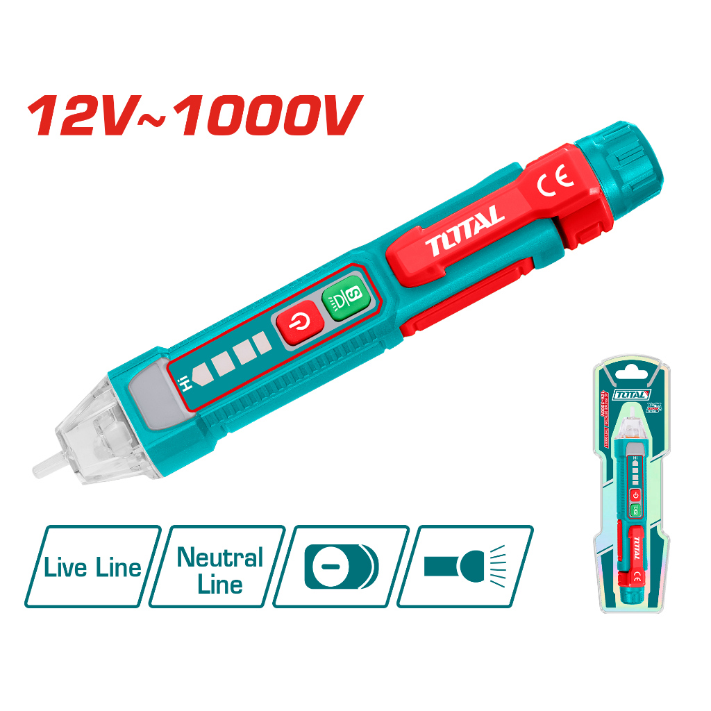 Bút thử điện đa năng thông minh 12V-1000V TOTAL THT210003/ THT100091 đầu dò điện áp AC có đèn, dò không chạm