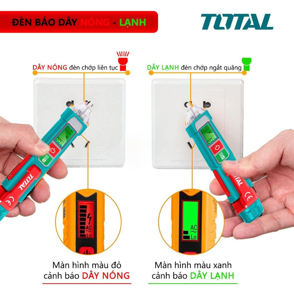 Bút thử điện đa năng thông minh 12V-1000V TOTAL THT210003/ THT100091 đầu dò điện áp AC có đèn, dò không chạm